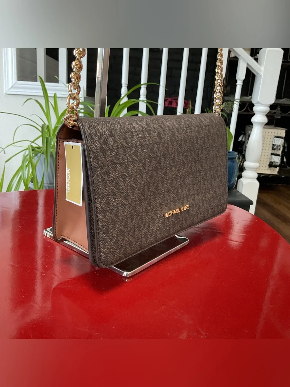 Michael Kors Jetset Brown Logo-Print Crossbody with Gold Chain NWT